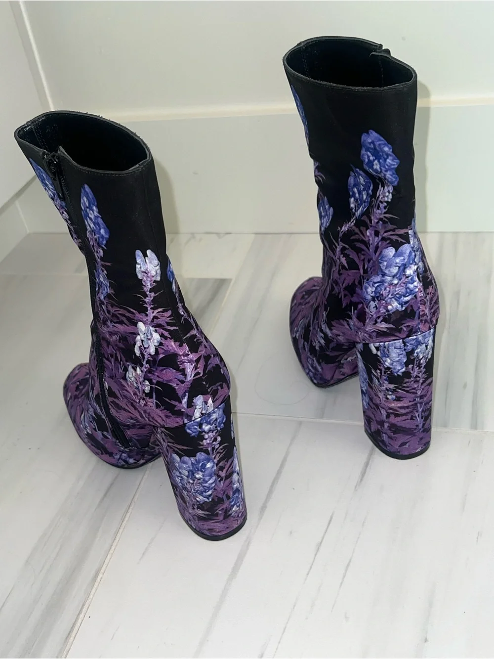 Dries Van Noten Black & Purple Floral Block-Heel Ankle Boots-LIKE NEW